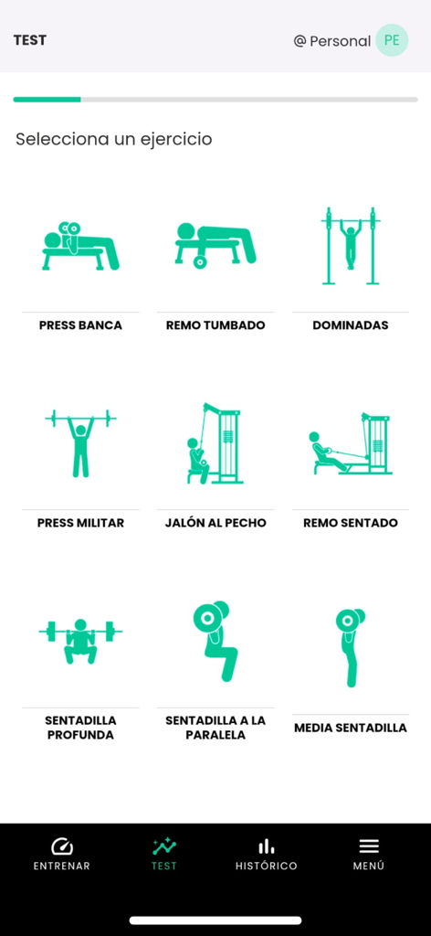 ADR System - Interface of the ADR System app showing a selection of strength exercises for performance testing.