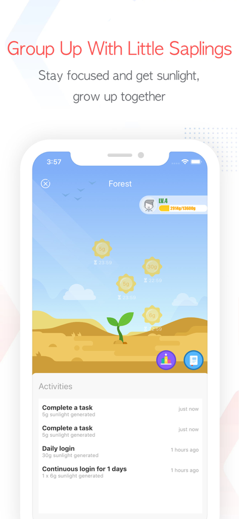 Focus To-Doアプリのインターフェース。タスクを完了すると仮想植物が成長するゲーミフィケーションされた森の機能を表示しています。