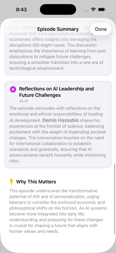 Deepr: Voice Podcasts - AI-generated podcast episode summary in the Deepr app with key insights and reflections