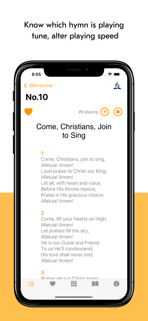 SDA Hymns - SDA Hymns app showing hymn lyrics and audio playback speed control