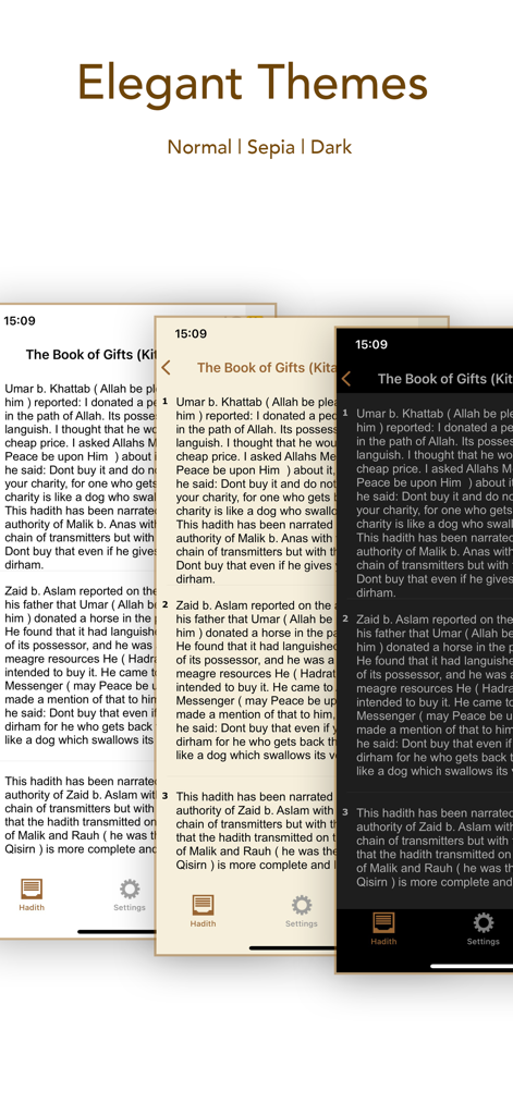 Al Muslim (Sahih Muslim) - Exibição dos modos de leitura normal sépia e escuro no aplicativo Al Muslim.