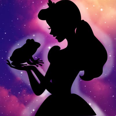 a shadow of a princess holding a frog realistic