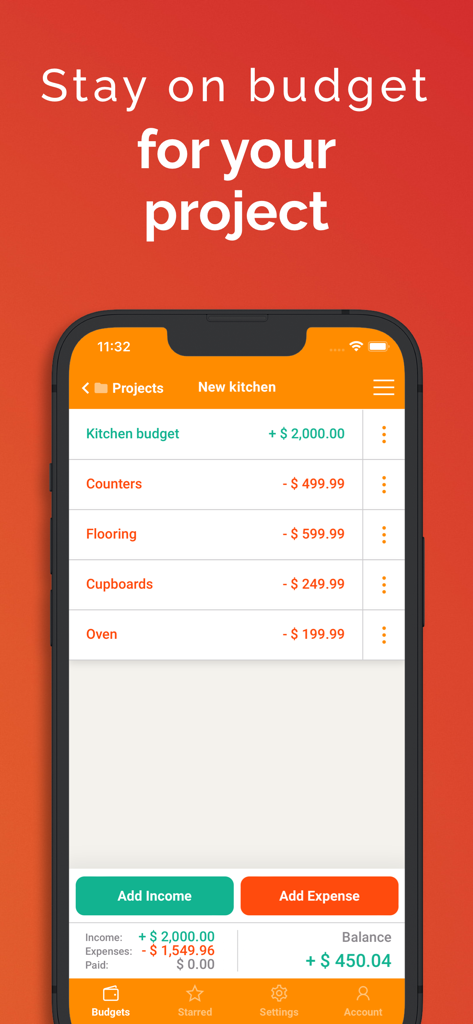 Fudget: Monthly Budget Planner - Fudget app screen showing a kitchen renovation project budget with list of expenses and remaining balance