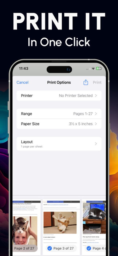 Printer App Smart Printer - Mobile app interface showing print settings including printer selection page range and layout options