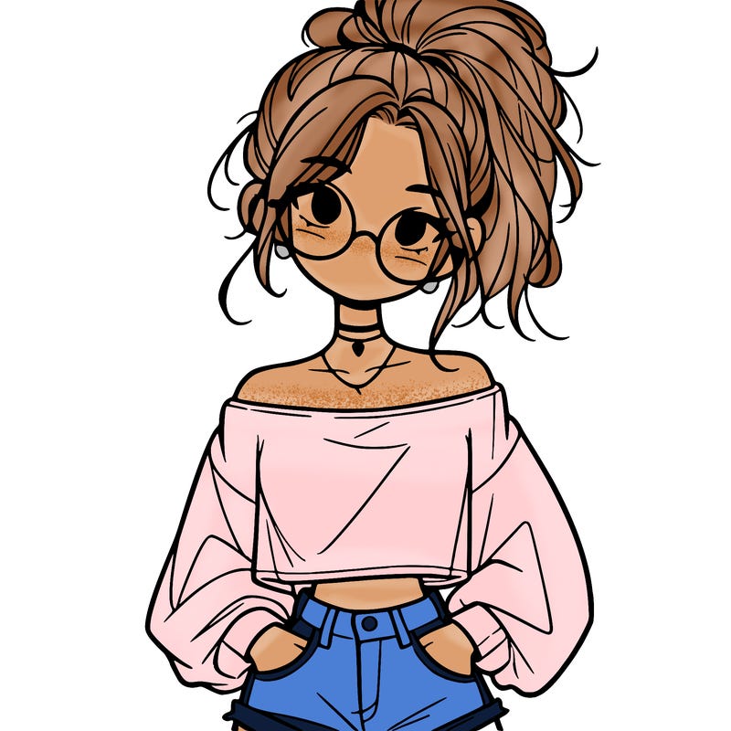 girl with a messy ponytail glasses a baggy crop top and jean shorts