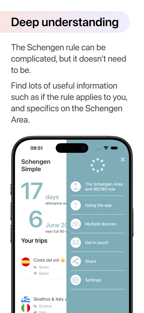 Schengen Simple - Schengen Simple app information menu and travel allowance dashboard