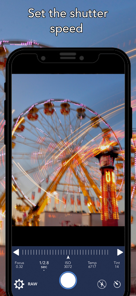 RAW Shoot - RAW Shoot app interface showing manual shutter speed adjustment for long exposure photography of a Ferris wheel