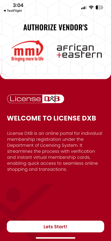 LICENSE DXB APP - License DXB app welcome screen showing authorized vendors MMI and African and Eastern logos