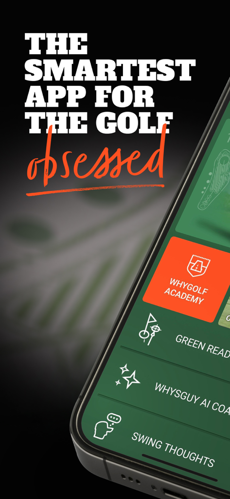 WhyGolf: Golf App & GPS - WhyGolf 앱 메뉴, 아카데미 그린 리더 및 AI 코치 기능 표시