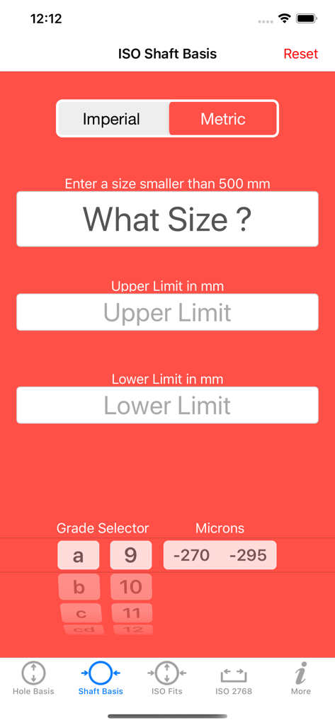 ISO Tolerance - Schnittstelle der ISO-Toleranz-App, die den Bildschirm für Wellengrundlagen zur Berechnung von technischen Passungsgrenzwerten anzeigt.