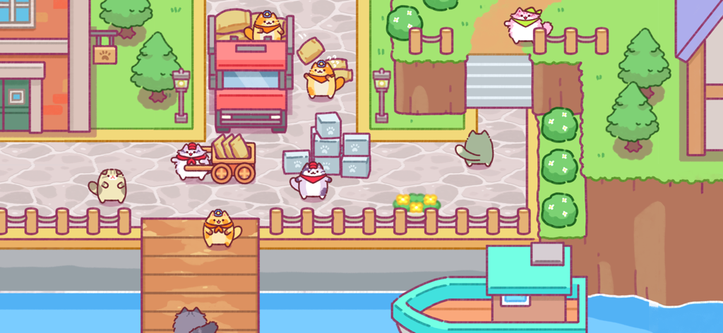 Cat Town Valley: Healing Farm - Adorable cat characters working in a colorful town village with a delivery truck and a pier