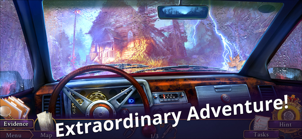 Unsolved: Hidden Mystery Games - Vista en primera persona desde el tablero de un coche mirando una casa abandonada espeluznante durante una tormenta eléctrica