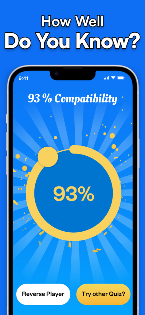 How Well Do You Know Me - Uno screenshot mobile che mostra un risultato di compatibilità del 93% con coriandoli gialli su sfondo blu