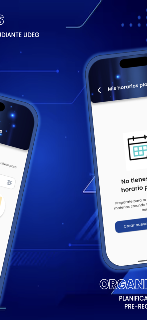 LEO UdeG - Smartphone screen of LEO UdeG app showing the schedule planning feature with a calendar icon on a blue background