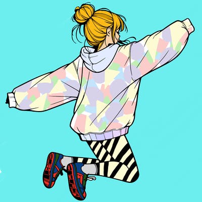 realistic girl jumping with a bun and oversized sweatshirt