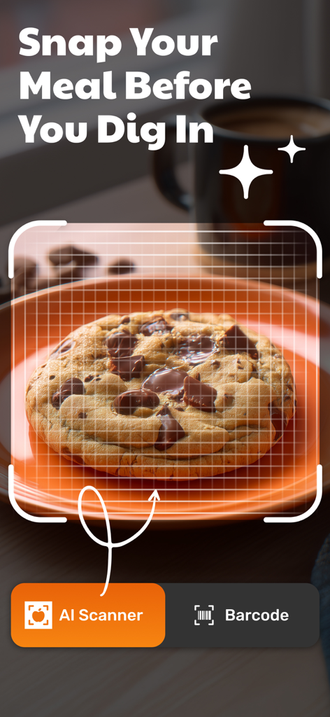 Calorie Counter - Eatwise AI - Interface do aplicativo móvel mostrando o scanner Eatwise AI identificando um cookie com gotas de chocolate em um prato para contagem de calorias sem esforço