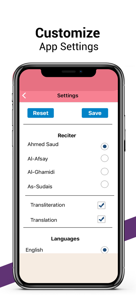 4 Qul - Al Quran القران الكريم - Settings screen of the 4 Qul app showing options for reciter selection transliteration and translation