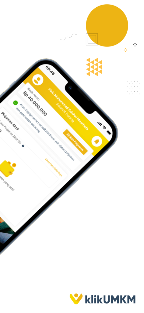 KlikUMKM mobile app interface showing account balance and loan application options for small businesses