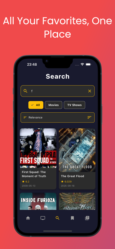 MovieMx : Movies & Tv Shows - MovieMxアプリの検索インターフェースに、さまざまな映画やテレビ番組のタイトルが表示されています。