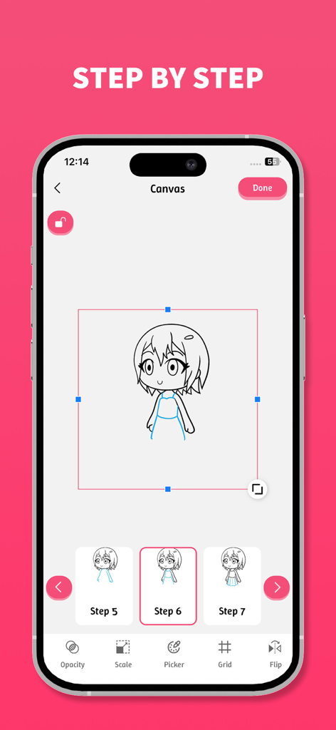 Drawing Sketch & Paint - Mobile app interface showing a step-by-step anime character drawing tutorial with digital tools.