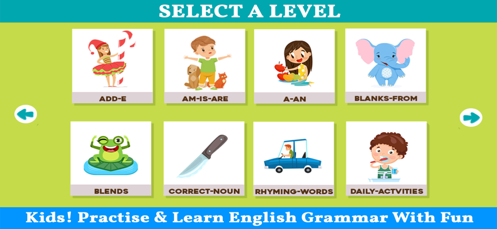 Menu de seleção de nível para o aplicativo Kids Grammar and Vocabulary, apresentando vários tópicos educacionais e ícones coloridos