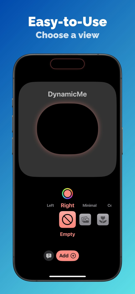 DynamicMe - 아이폰 다이나믹 아일랜드 보기를 사용자 지정하는 옵션을 보여주는 DynamicMe 앱 인터페이스