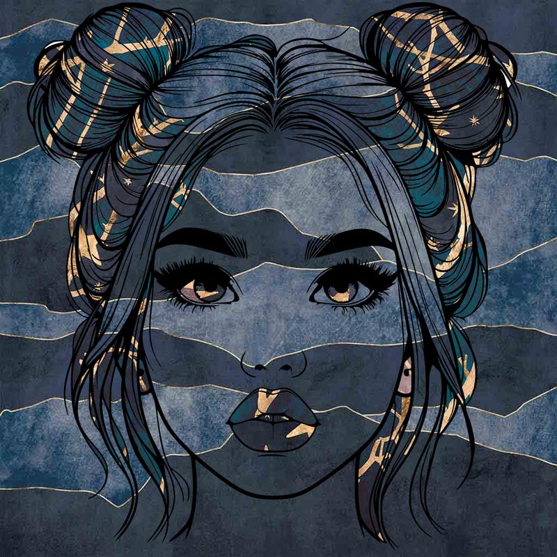 realistic girl with two buns on her hair and lips