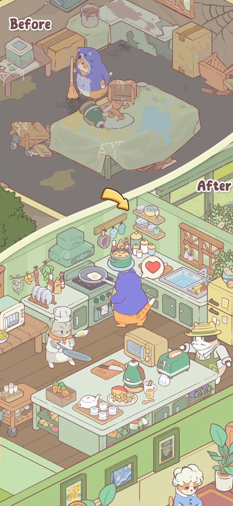 Cats Mansion - Cute Merge Game - Before and after comparison of a kitchen renovation with cute cats in Cats Mansion.