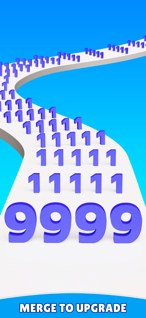 A 3D mobile game screen showing large blue numbers on a winding path with the text merge to upgrade
