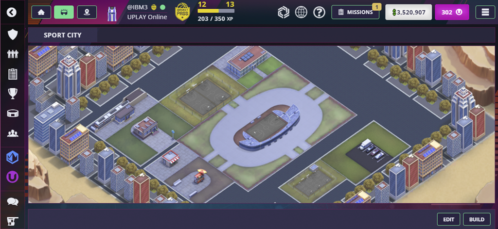 iBasket Manager 3 - iBasket Manager 3의 스포츠 시티 모습으로 농구 코트와 도시 건물이 있는 아이소메트릭 탑다운 뷰입니다