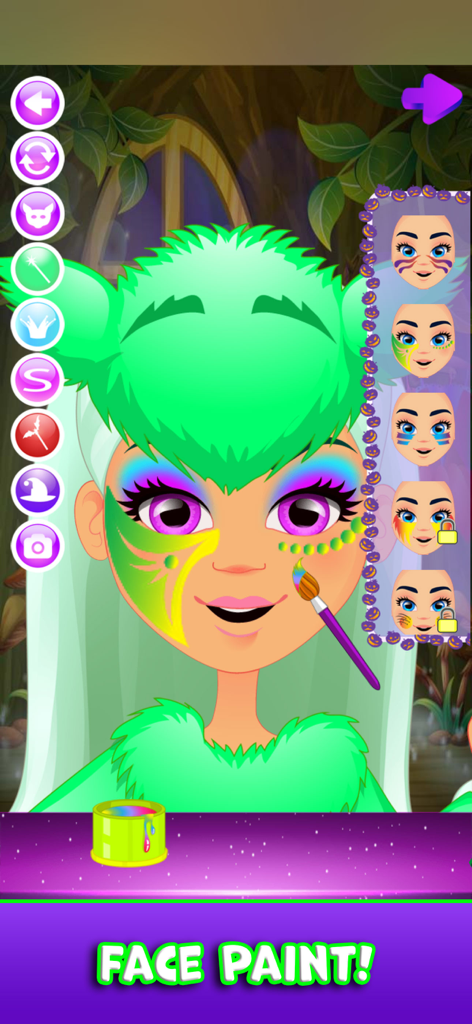 Halloween Costume Party Games - A character with green hair receiving colorful face paint in a Halloween makeover game.