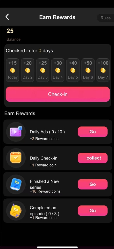 DramaShot - Watch short movies - Earn Rewards screen on DramaShot app showing daily check-in and task lists for coins.