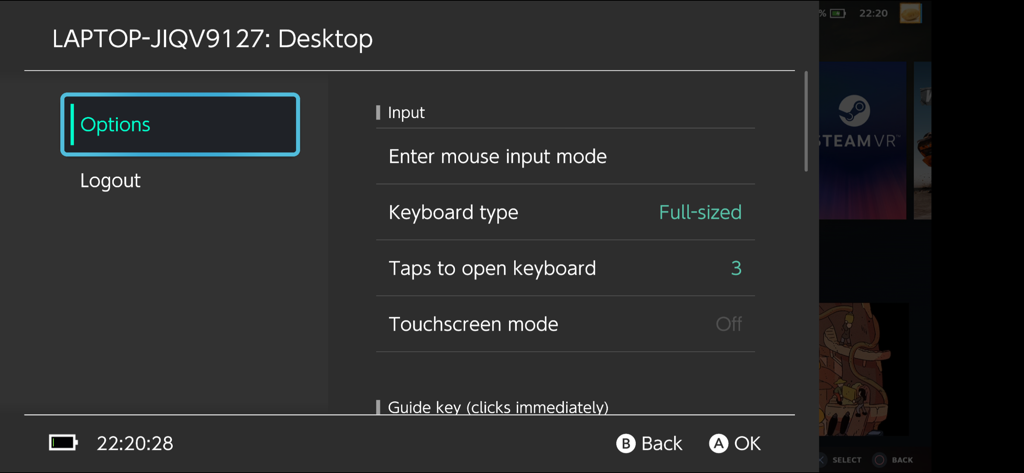 Moonlight - Menú de opciones de entrada de la aplicación Moonlight que muestra la configuración de teclado y ratón.