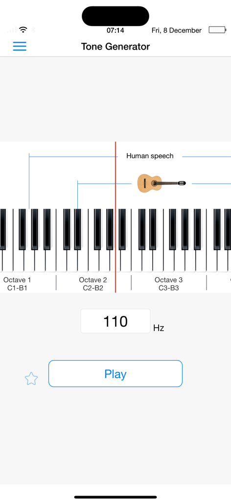 周波数と楽器の参照が表示されたピアノキーボードを備えたトーンジェネレーターアプリのインターフェース