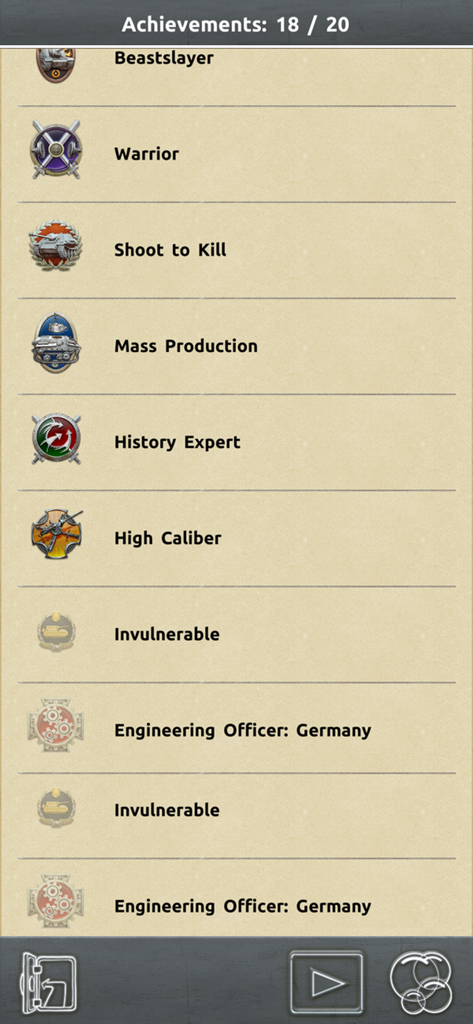 Achievement list screen in Doodle Tanks Blitz showing military themed badges and progress