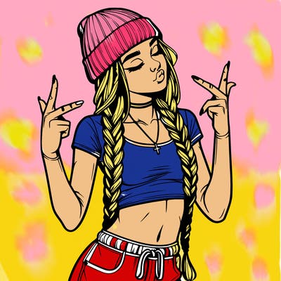 realistic teenage girl with braids and a beanie and crop top doing 🫶🏼