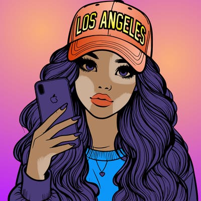realistic beautiful girl wearing los ángeles cap holding an iphone
