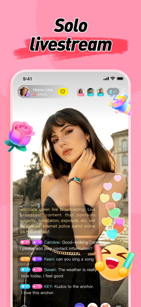 Screenshot of the Heyoo app solo livestream feature showing a female host with real-time chat and digital gifts