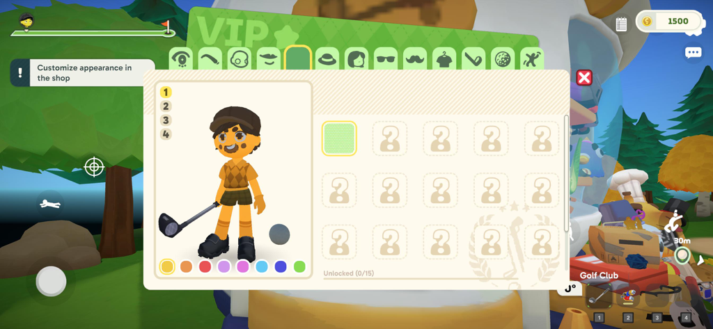 Super Battle Golf - Pantalla de personalización de personajes de Super Battle Golf que muestra opciones de skin y atuendo para el avatar.