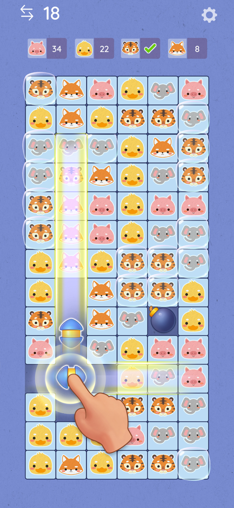 Tile Link - Match & Connect - A hand triggers a booster on a grid of colorful animal tiles in the Tile Link match and connect puzzle game.