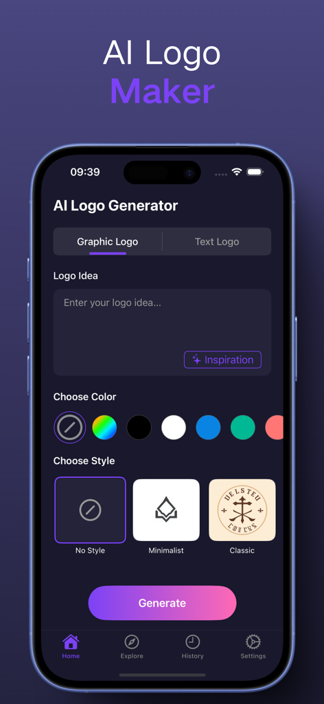 AI Logo Maker, Logo Generator - Mobile app interface of AI Logo Maker showing options to enter logo ideas, select brand colors, and choose design styles like Minimalist and Classic.