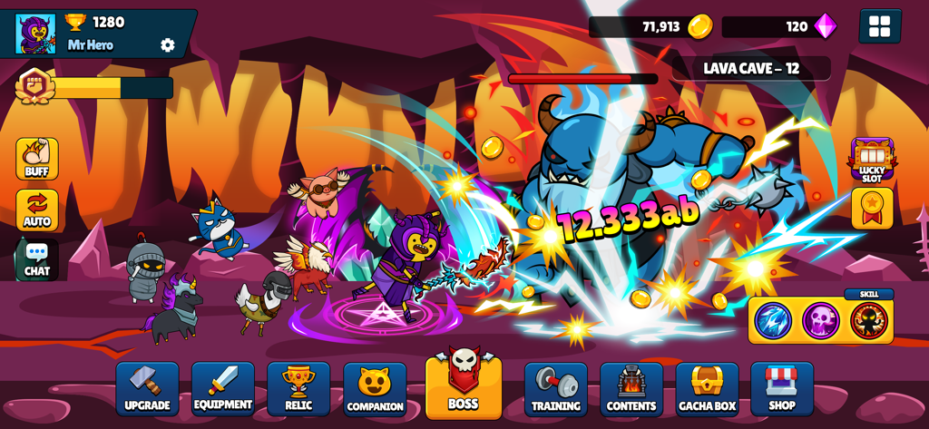 Mr Hero y sus mascotas atacando a un monstruo azul gigante en una cueva de lava con coloridos efectos de combate