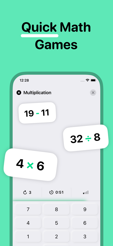 Interfaz de la aplicación FastMath que muestra juegos de matemáticas rápidas con problemas de multiplicación y división.