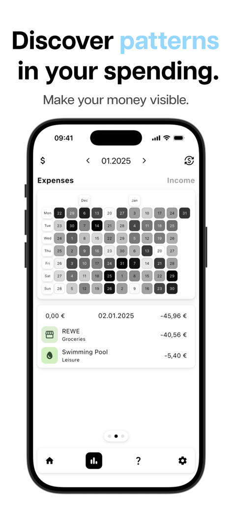 Finance Squirrel | Budget App - Finance Squirrelアプリのインターフェースに、月間支出アクティビティのヒートマップと日ごとのカテゴリ別支出リストが表示されている
