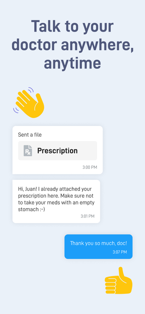 NowServing by SeriousMD - A chat interface showing a doctor sending a digital prescription and a health reminder to a patient named Juan.