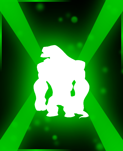 Uma silhueta branca de um poderoso herói alienígena contra um fundo em forma de X verde brilhante