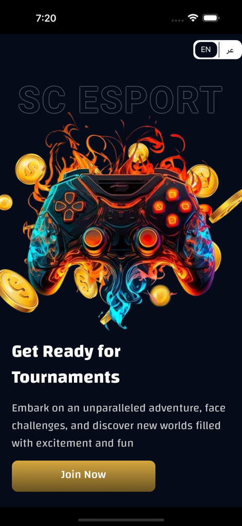 SC ESport - SC ESport app home screen featuring a flaming game controller and gold coins for mobile gaming tournaments.