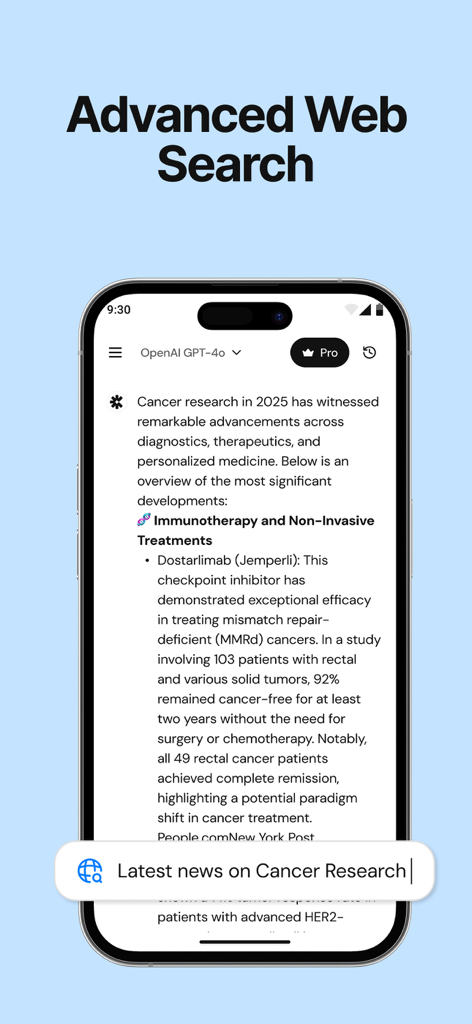 Interface de l'application Chatly AI montrant des résultats de recherche web avancée pour les dernières nouvelles sur la recherche sur le cancer.
