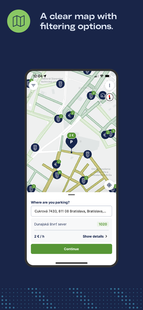 PAAS - Screenshot dell'app mobile PAAS che mostra una mappa con zone di parcheggio e opzioni di filtraggio dei prezzi a Bratislava