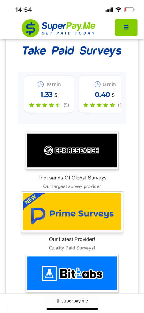 Interface of the SuperPayMe app showing available paid surveys with time estimates and cash rewards.
